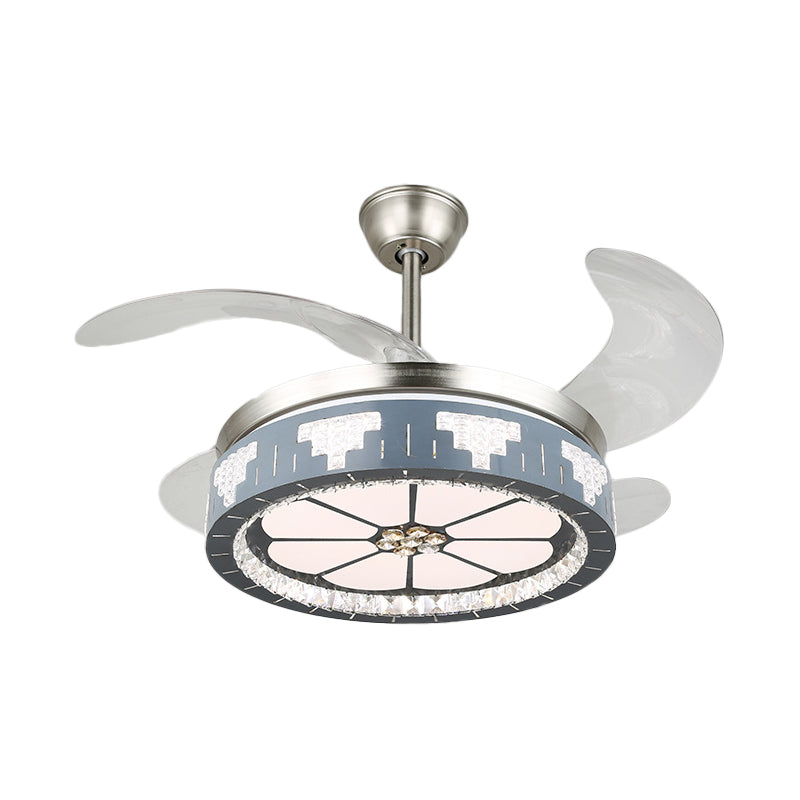 4-Blade Faceted Crystal Round Pendant Fan Light Modernity LED Silver Semi Mount Lighting, 19" Wide Clearhalo 'Ceiling Fans with Lights' 'Ceiling Fans' 'Modern Ceiling Fans' 'Modern' Lighting' 1984099