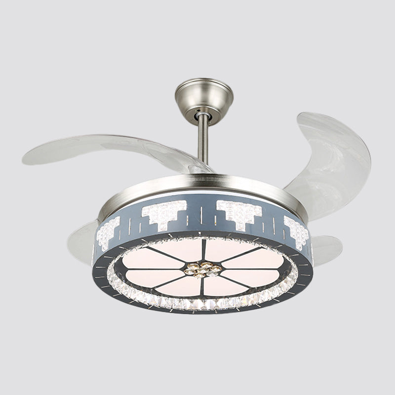 4-Blade Faceted Crystal Round Pendant Fan Light Modernity LED Silver Semi Mount Lighting, 19" Wide Clearhalo 'Ceiling Fans with Lights' 'Ceiling Fans' 'Modern Ceiling Fans' 'Modern' Lighting' 1984100