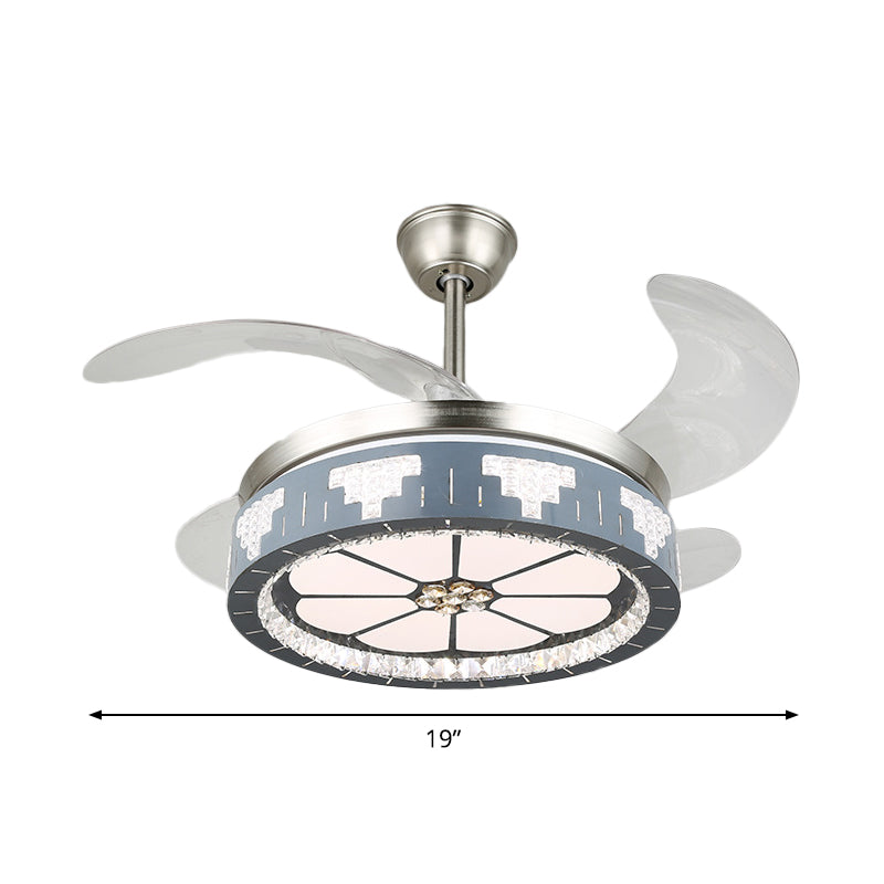 4-Blade Faceted Crystal Round Pendant Fan Light Modernity LED Silver Semi Mount Lighting, 19" Wide Clearhalo 'Ceiling Fans with Lights' 'Ceiling Fans' 'Modern Ceiling Fans' 'Modern' Lighting' 1984101
