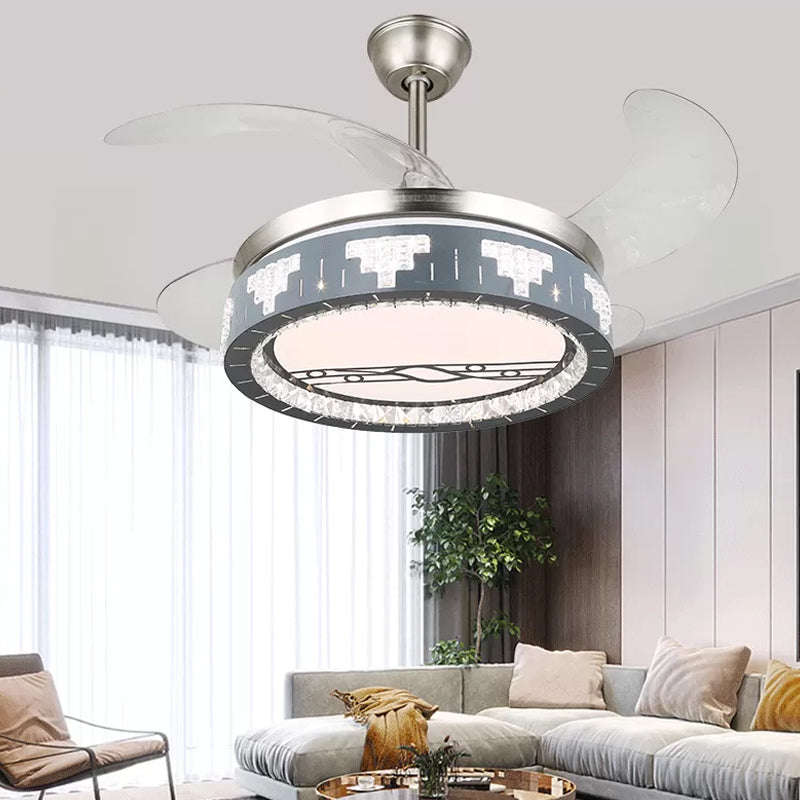 4-Blade Faceted Crystal Round Pendant Fan Light Modernity LED Silver Semi Mount Lighting, 19" Wide Silver C Clearhalo 'Ceiling Fans with Lights' 'Ceiling Fans' 'Modern Ceiling Fans' 'Modern' Lighting' 1984102