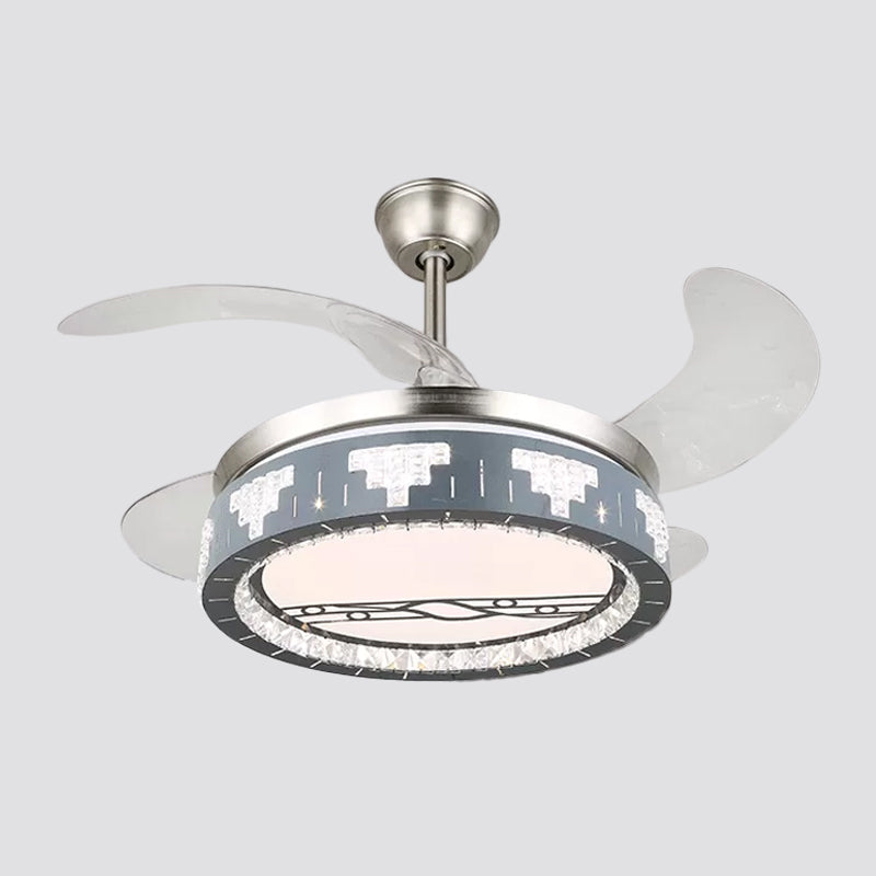 4-Blade Faceted Crystal Round Pendant Fan Light Modernity LED Silver Semi Mount Lighting, 19" Wide Clearhalo 'Ceiling Fans with Lights' 'Ceiling Fans' 'Modern Ceiling Fans' 'Modern' Lighting' 1984104