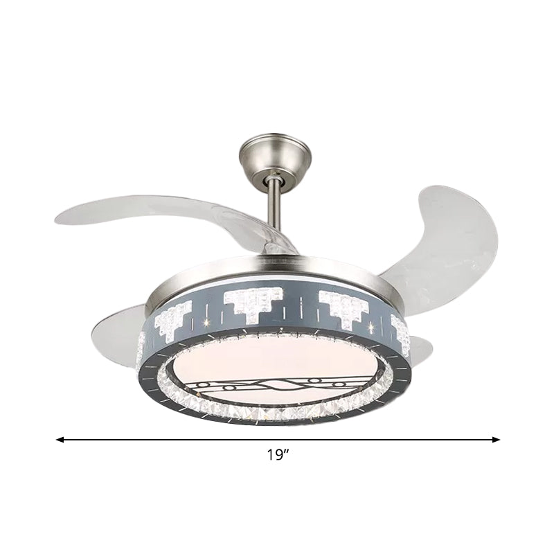 4-Blade Faceted Crystal Round Pendant Fan Light Modernity LED Silver Semi Mount Lighting, 19" Wide Clearhalo 'Ceiling Fans with Lights' 'Ceiling Fans' 'Modern Ceiling Fans' 'Modern' Lighting' 1984105