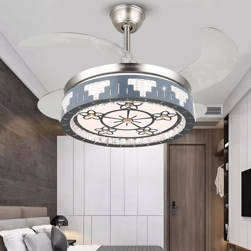 4-Blade Faceted Crystal Round Pendant Fan Light Modernity LED Silver Semi Mount Lighting, 19" Wide Silver D Clearhalo 'Ceiling Fans with Lights' 'Ceiling Fans' 'Modern Ceiling Fans' 'Modern' Lighting' 1984106