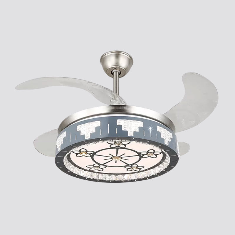 4-Blade Faceted Crystal Round Pendant Fan Light Modernity LED Silver Semi Mount Lighting, 19" Wide Clearhalo 'Ceiling Fans with Lights' 'Ceiling Fans' 'Modern Ceiling Fans' 'Modern' Lighting' 1984108
