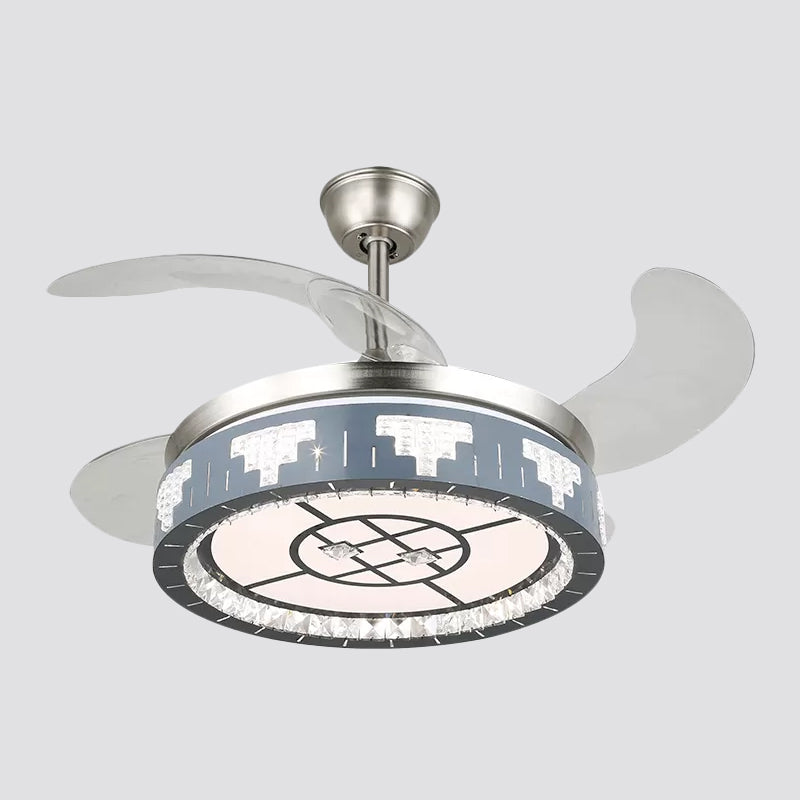 4-Blade Faceted Crystal Round Pendant Fan Light Modernity LED Silver Semi Mount Lighting, 19" Wide Clearhalo 'Ceiling Fans with Lights' 'Ceiling Fans' 'Modern Ceiling Fans' 'Modern' Lighting' 1984111