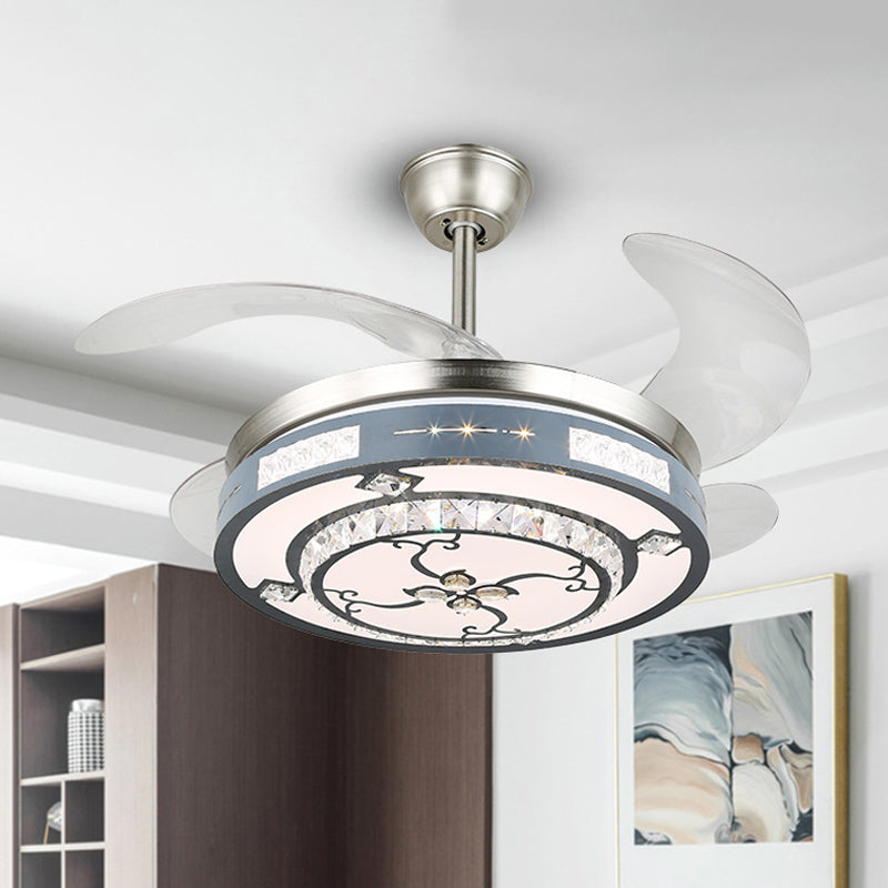 Round Hanging Fan Lamp Fixture Modern Crystal 19" Wide LED Silver Semi Flush Mount Light, 4 Blades Silver B Clearhalo 'Ceiling Fans with Lights' 'Ceiling Fans' 'Modern Ceiling Fans' 'Modern' Lighting' 1984116