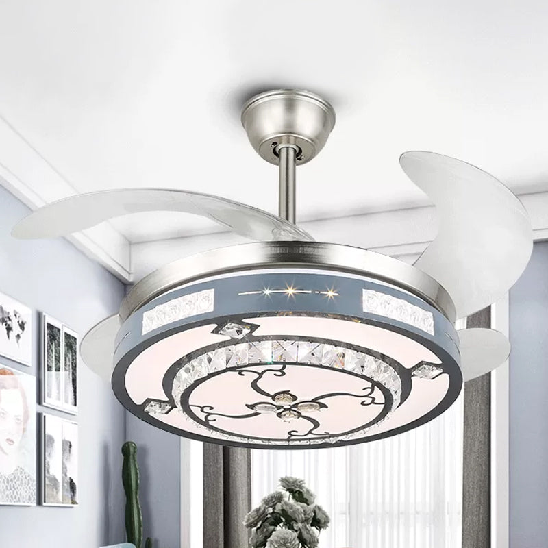 Round Hanging Fan Lamp Fixture Modern Crystal 19" Wide LED Silver Semi Flush Mount Light, 4 Blades Clearhalo 'Ceiling Fans with Lights' 'Ceiling Fans' 'Modern Ceiling Fans' 'Modern' Lighting' 1984117