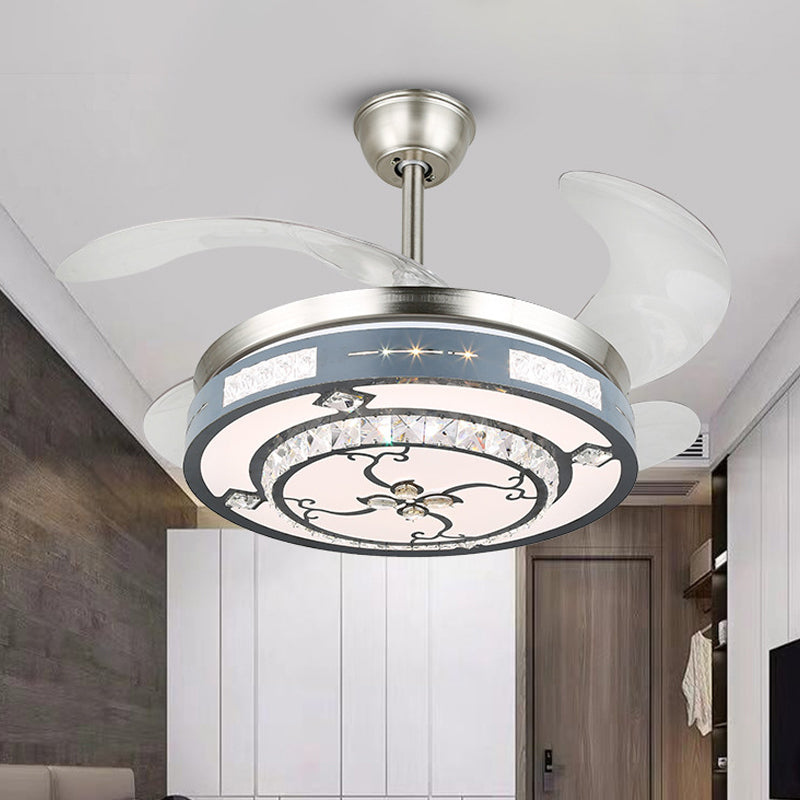 Round Hanging Fan Lamp Fixture Modern Crystal 19" Wide LED Silver Semi Flush Mount Light, 4 Blades Clearhalo 'Ceiling Fans with Lights' 'Ceiling Fans' 'Modern Ceiling Fans' 'Modern' Lighting' 1984118