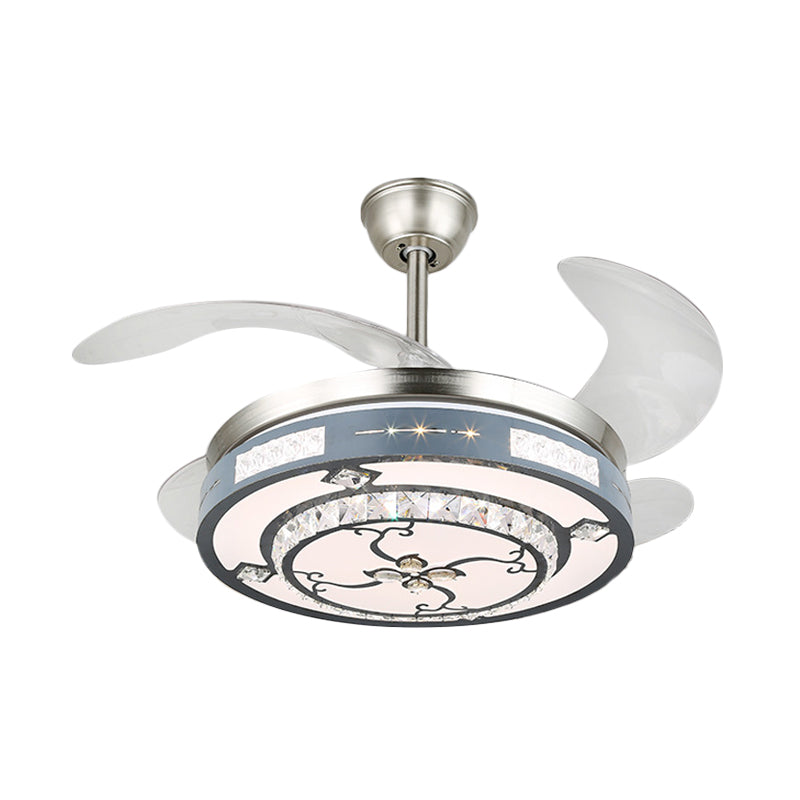 Round Hanging Fan Lamp Fixture Modern Crystal 19" Wide LED Silver Semi Flush Mount Light, 4 Blades Clearhalo 'Ceiling Fans with Lights' 'Ceiling Fans' 'Modern Ceiling Fans' 'Modern' Lighting' 1984119