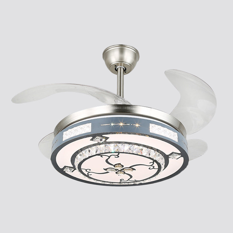 Round Hanging Fan Lamp Fixture Modern Crystal 19" Wide LED Silver Semi Flush Mount Light, 4 Blades Clearhalo 'Ceiling Fans with Lights' 'Ceiling Fans' 'Modern Ceiling Fans' 'Modern' Lighting' 1984120