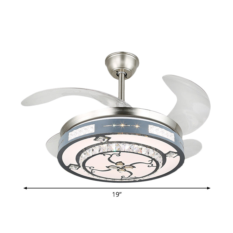 Round Hanging Fan Lamp Fixture Modern Crystal 19" Wide LED Silver Semi Flush Mount Light, 4 Blades Clearhalo 'Ceiling Fans with Lights' 'Ceiling Fans' 'Modern Ceiling Fans' 'Modern' Lighting' 1984121