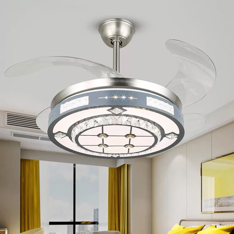 Round Hanging Fan Lamp Fixture Modern Crystal 19" Wide LED Silver Semi Flush Mount Light, 4 Blades Silver A Clearhalo 'Ceiling Fans with Lights' 'Ceiling Fans' 'Modern Ceiling Fans' 'Modern' Lighting' 1984122