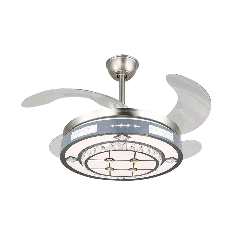 Round Hanging Fan Lamp Fixture Modern Crystal 19" Wide LED Silver Semi Flush Mount Light, 4 Blades Clearhalo 'Ceiling Fans with Lights' 'Ceiling Fans' 'Modern Ceiling Fans' 'Modern' Lighting' 1984123