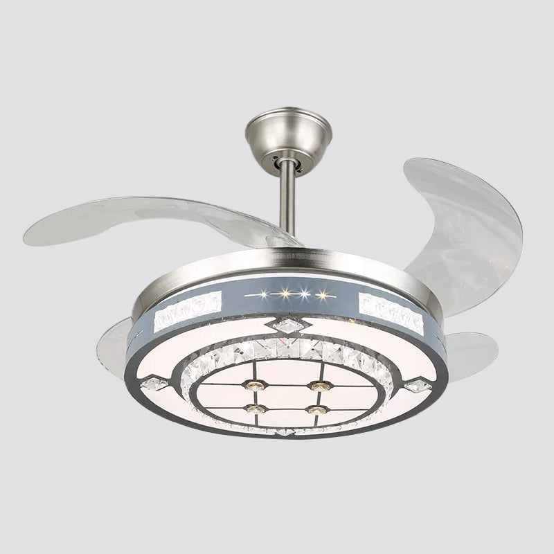Round Hanging Fan Lamp Fixture Modern Crystal 19" Wide LED Silver Semi Flush Mount Light, 4 Blades Clearhalo 'Ceiling Fans with Lights' 'Ceiling Fans' 'Modern Ceiling Fans' 'Modern' Lighting' 1984124