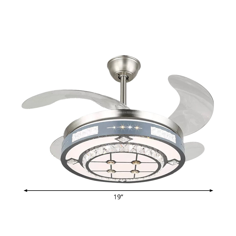 Round Hanging Fan Lamp Fixture Modern Crystal 19" Wide LED Silver Semi Flush Mount Light, 4 Blades Clearhalo 'Ceiling Fans with Lights' 'Ceiling Fans' 'Modern Ceiling Fans' 'Modern' Lighting' 1984125