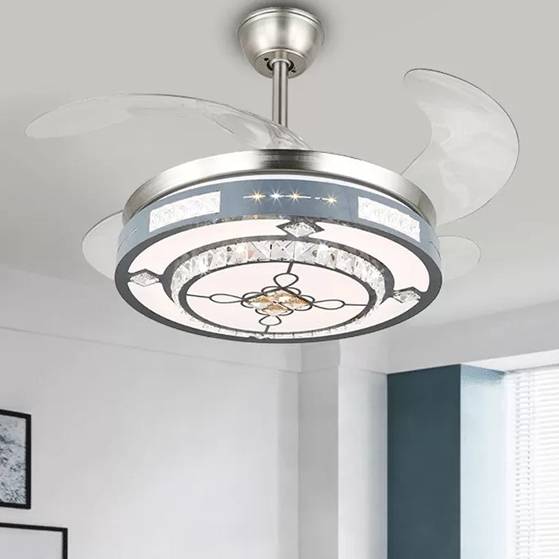 Round Hanging Fan Lamp Fixture Modern Crystal 19" Wide LED Silver Semi Flush Mount Light, 4 Blades Silver C Clearhalo 'Ceiling Fans with Lights' 'Ceiling Fans' 'Modern Ceiling Fans' 'Modern' Lighting' 1984126