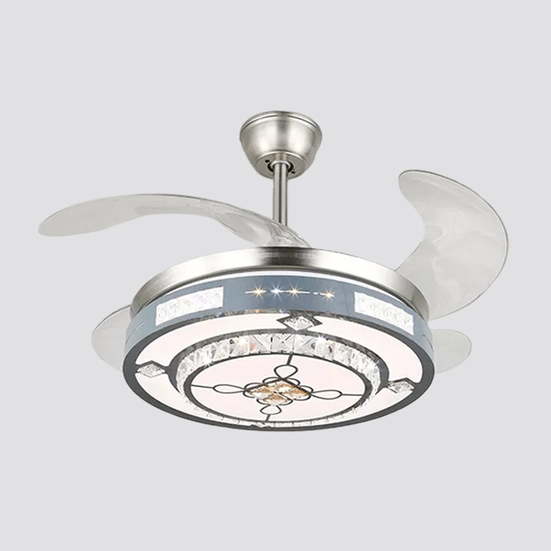 Round Hanging Fan Lamp Fixture Modern Crystal 19" Wide LED Silver Semi Flush Mount Light, 4 Blades Clearhalo 'Ceiling Fans with Lights' 'Ceiling Fans' 'Modern Ceiling Fans' 'Modern' Lighting' 1984128