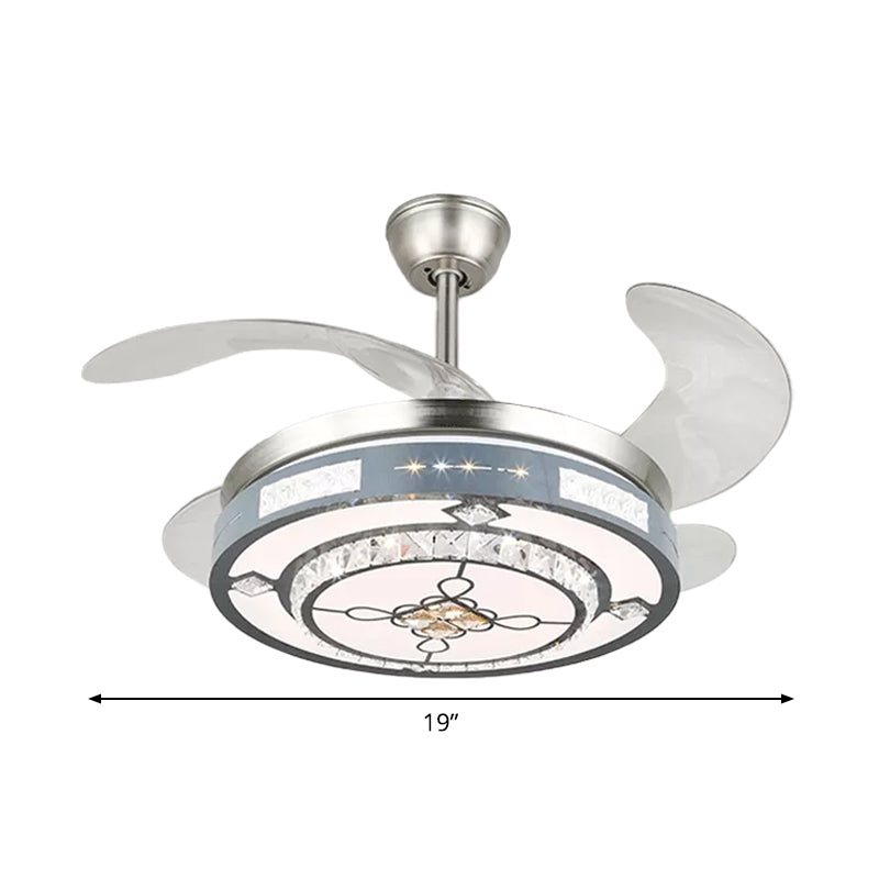 Round Hanging Fan Lamp Fixture Modern Crystal 19" Wide LED Silver Semi Flush Mount Light, 4 Blades Clearhalo 'Ceiling Fans with Lights' 'Ceiling Fans' 'Modern Ceiling Fans' 'Modern' Lighting' 1984129