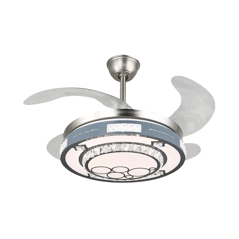 Round Hanging Fan Lamp Fixture Modern Crystal 19" Wide LED Silver Semi Flush Mount Light, 4 Blades Silver D Clearhalo 'Ceiling Fans with Lights' 'Ceiling Fans' 'Modern Ceiling Fans' 'Modern' Lighting' 1984130