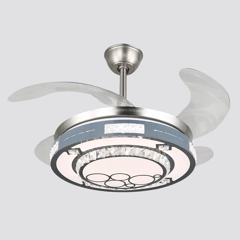 Round Hanging Fan Lamp Fixture Modern Crystal 19" Wide LED Silver Semi Flush Mount Light, 4 Blades Clearhalo 'Ceiling Fans with Lights' 'Ceiling Fans' 'Modern Ceiling Fans' 'Modern' Lighting' 1984131
