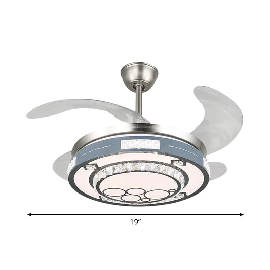 Round Hanging Fan Lamp Fixture Modern Crystal 19" Wide LED Silver Semi Flush Mount Light, 4 Blades Clearhalo 'Ceiling Fans with Lights' 'Ceiling Fans' 'Modern Ceiling Fans' 'Modern' Lighting' 1984132