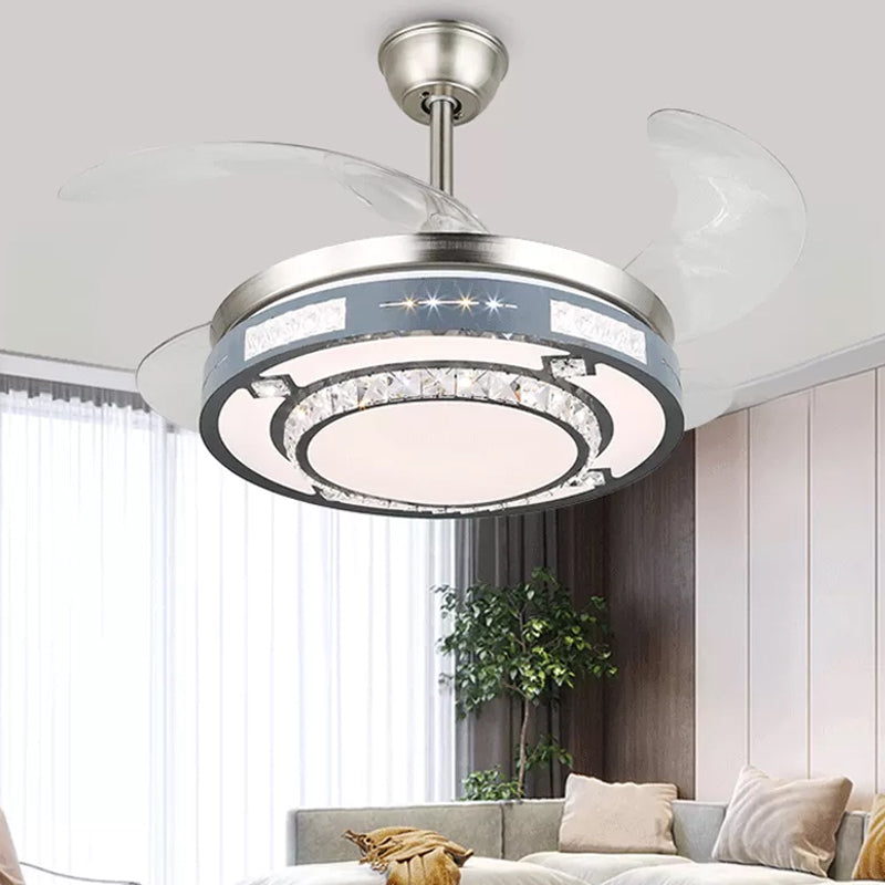 Round Hanging Fan Lamp Fixture Modern Crystal 19" Wide LED Silver Semi Flush Mount Light, 4 Blades Silver E Clearhalo 'Ceiling Fans with Lights' 'Ceiling Fans' 'Modern Ceiling Fans' 'Modern' Lighting' 1984133