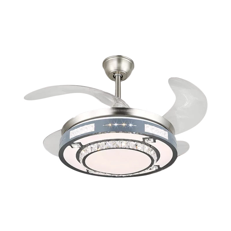 Round Hanging Fan Lamp Fixture Modern Crystal 19" Wide LED Silver Semi Flush Mount Light, 4 Blades Clearhalo 'Ceiling Fans with Lights' 'Ceiling Fans' 'Modern Ceiling Fans' 'Modern' Lighting' 1984134