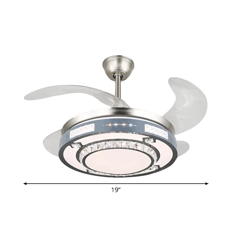 Round Hanging Fan Lamp Fixture Modern Crystal 19" Wide LED Silver Semi Flush Mount Light, 4 Blades Clearhalo 'Ceiling Fans with Lights' 'Ceiling Fans' 'Modern Ceiling Fans' 'Modern' Lighting' 1984136