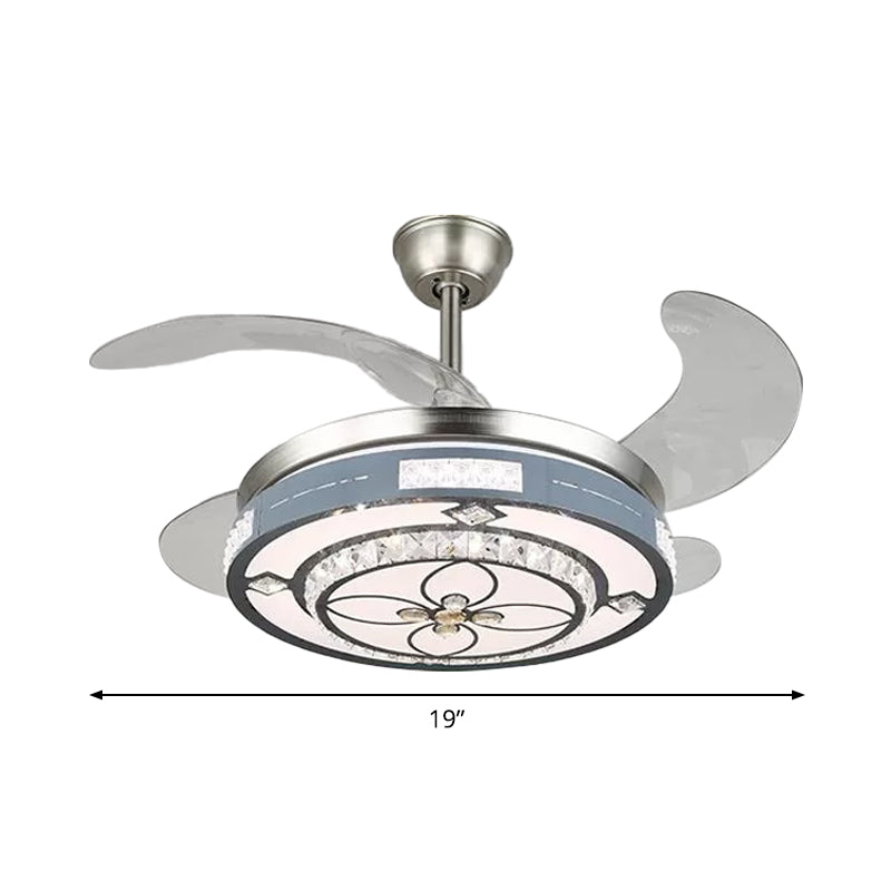 Round Hanging Fan Lamp Fixture Modern Crystal 19" Wide LED Silver Semi Flush Mount Light, 4 Blades Clearhalo 'Ceiling Fans with Lights' 'Ceiling Fans' 'Modern Ceiling Fans' 'Modern' Lighting' 1984139
