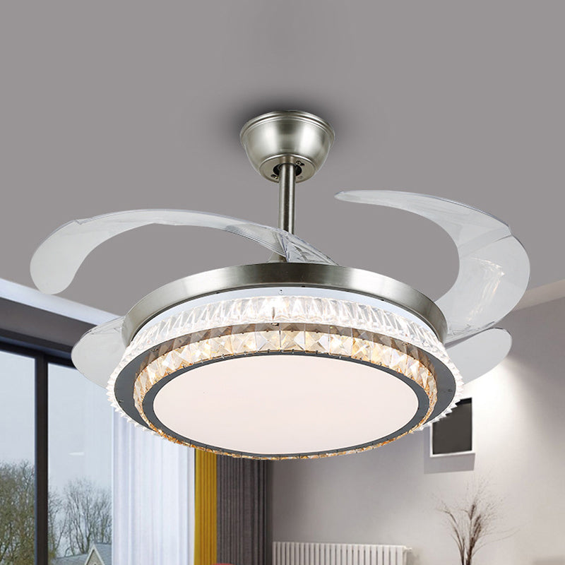 Silver Layered 4 Blades Semi-Flush Mount Modernism LED Crystal Pendant Fan Light Fixture, 19" Wide Silver A Clearhalo 'Ceiling Fans with Lights' 'Ceiling Fans' 'Modern Ceiling Fans' 'Modern' Lighting' 1984140