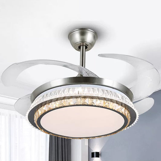 Silver Layered 4 Blades Semi-Flush Mount Modernism LED Crystal Pendant Fan Light Fixture, 19" Wide Clearhalo 'Ceiling Fans with Lights' 'Ceiling Fans' 'Modern Ceiling Fans' 'Modern' Lighting' 1984141