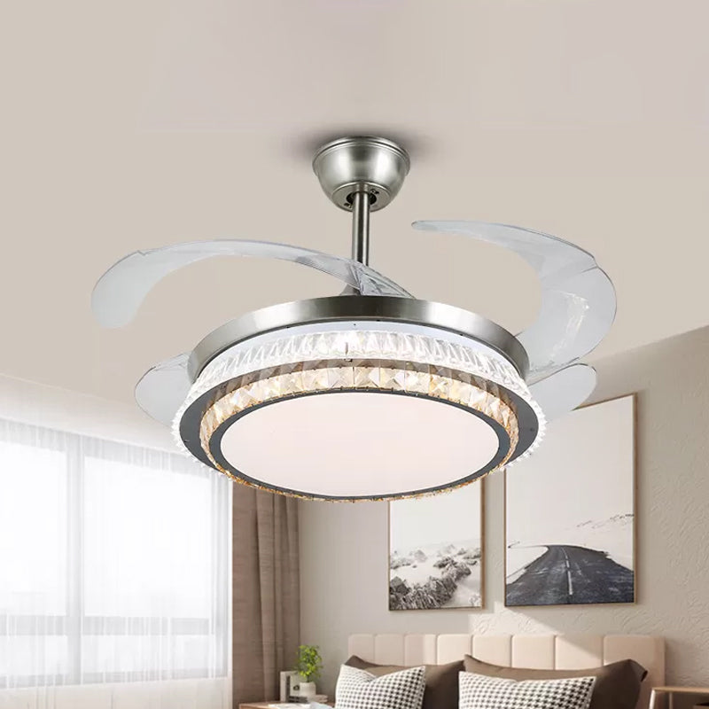 Silver Layered 4 Blades Semi-Flush Mount Modernism LED Crystal Pendant Fan Light Fixture, 19" Wide Clearhalo 'Ceiling Fans with Lights' 'Ceiling Fans' 'Modern Ceiling Fans' 'Modern' Lighting' 1984142
