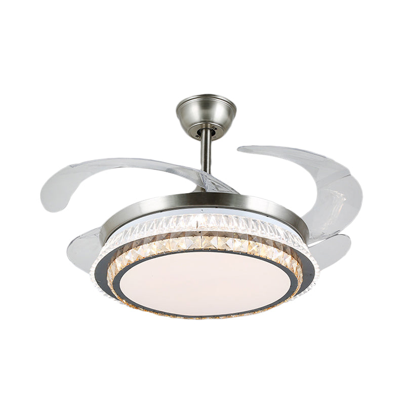 Silver Layered 4 Blades Semi-Flush Mount Modernism LED Crystal Pendant Fan Light Fixture, 19" Wide Clearhalo 'Ceiling Fans with Lights' 'Ceiling Fans' 'Modern Ceiling Fans' 'Modern' Lighting' 1984143