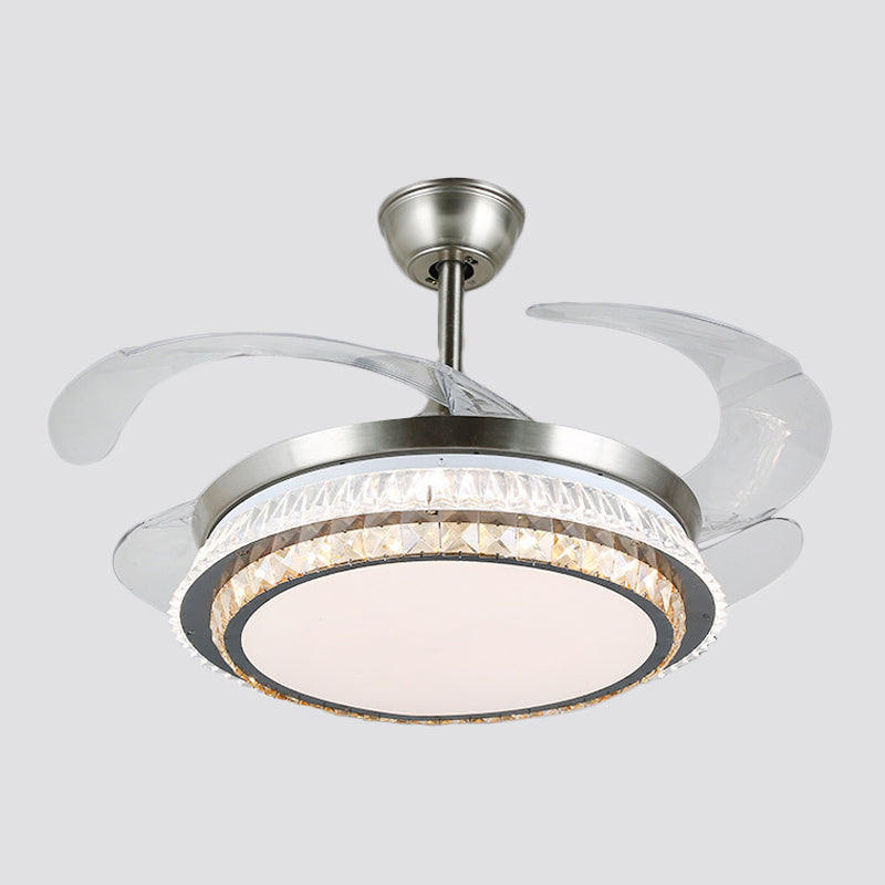 Silver Layered 4 Blades Semi-Flush Mount Modernism LED Crystal Pendant Fan Light Fixture, 19" Wide Clearhalo 'Ceiling Fans with Lights' 'Ceiling Fans' 'Modern Ceiling Fans' 'Modern' Lighting' 1984144