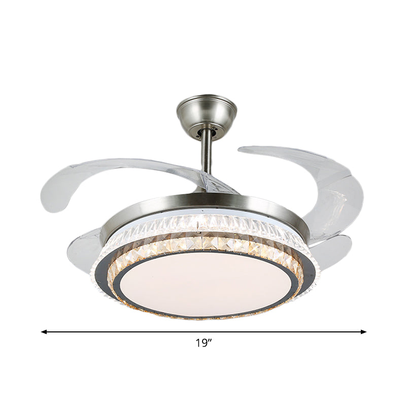 Silver Layered 4 Blades Semi-Flush Mount Modernism LED Crystal Pendant Fan Light Fixture, 19" Wide Clearhalo 'Ceiling Fans with Lights' 'Ceiling Fans' 'Modern Ceiling Fans' 'Modern' Lighting' 1984145