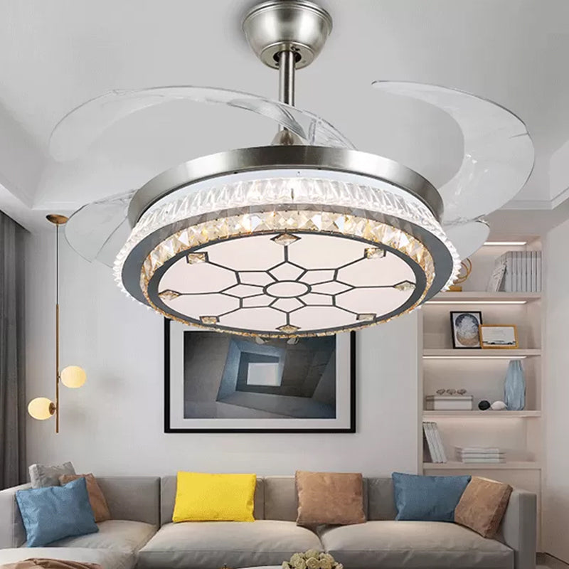 Silver Layered 4 Blades Semi-Flush Mount Modernism LED Crystal Pendant Fan Light Fixture, 19" Wide Silver B Clearhalo 'Ceiling Fans with Lights' 'Ceiling Fans' 'Modern Ceiling Fans' 'Modern' Lighting' 1984146