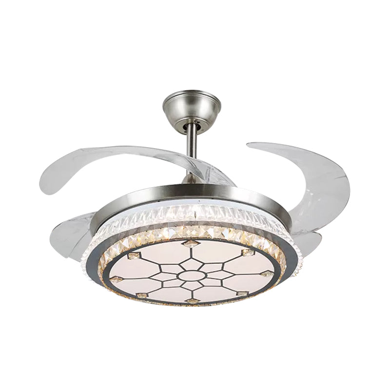 Silver Layered 4 Blades Semi-Flush Mount Modernism LED Crystal Pendant Fan Light Fixture, 19" Wide Clearhalo 'Ceiling Fans with Lights' 'Ceiling Fans' 'Modern Ceiling Fans' 'Modern' Lighting' 1984147