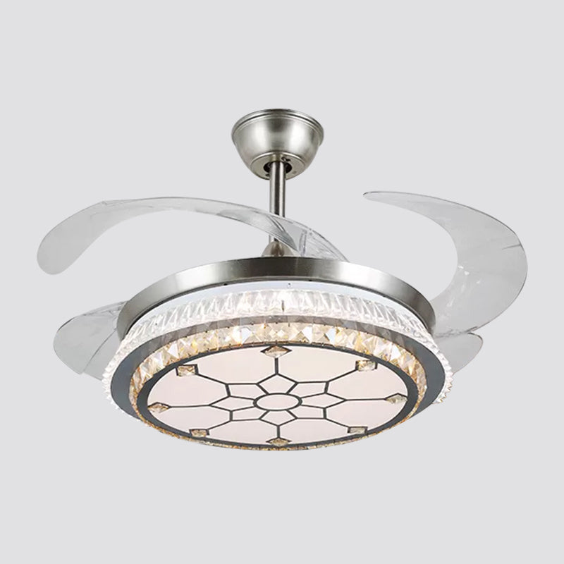 Silver Layered 4 Blades Semi-Flush Mount Modernism LED Crystal Pendant Fan Light Fixture, 19" Wide Clearhalo 'Ceiling Fans with Lights' 'Ceiling Fans' 'Modern Ceiling Fans' 'Modern' Lighting' 1984148