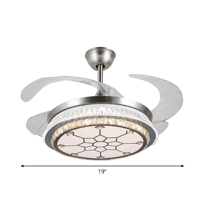 Silver Layered 4 Blades Semi-Flush Mount Modernism LED Crystal Pendant Fan Light Fixture, 19" Wide Clearhalo 'Ceiling Fans with Lights' 'Ceiling Fans' 'Modern Ceiling Fans' 'Modern' Lighting' 1984149