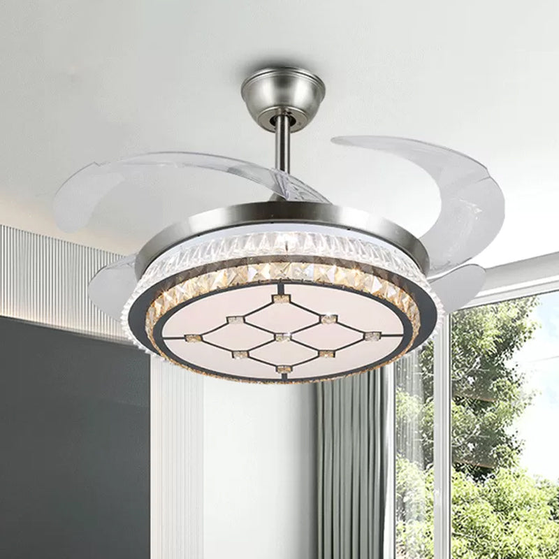 Silver Layered 4 Blades Semi-Flush Mount Modernism LED Crystal Pendant Fan Light Fixture, 19" Wide Silver C Clearhalo 'Ceiling Fans with Lights' 'Ceiling Fans' 'Modern Ceiling Fans' 'Modern' Lighting' 1984150