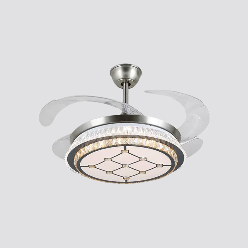 Silver Layered 4 Blades Semi-Flush Mount Modernism LED Crystal Pendant Fan Light Fixture, 19" Wide Clearhalo 'Ceiling Fans with Lights' 'Ceiling Fans' 'Modern Ceiling Fans' 'Modern' Lighting' 1984152