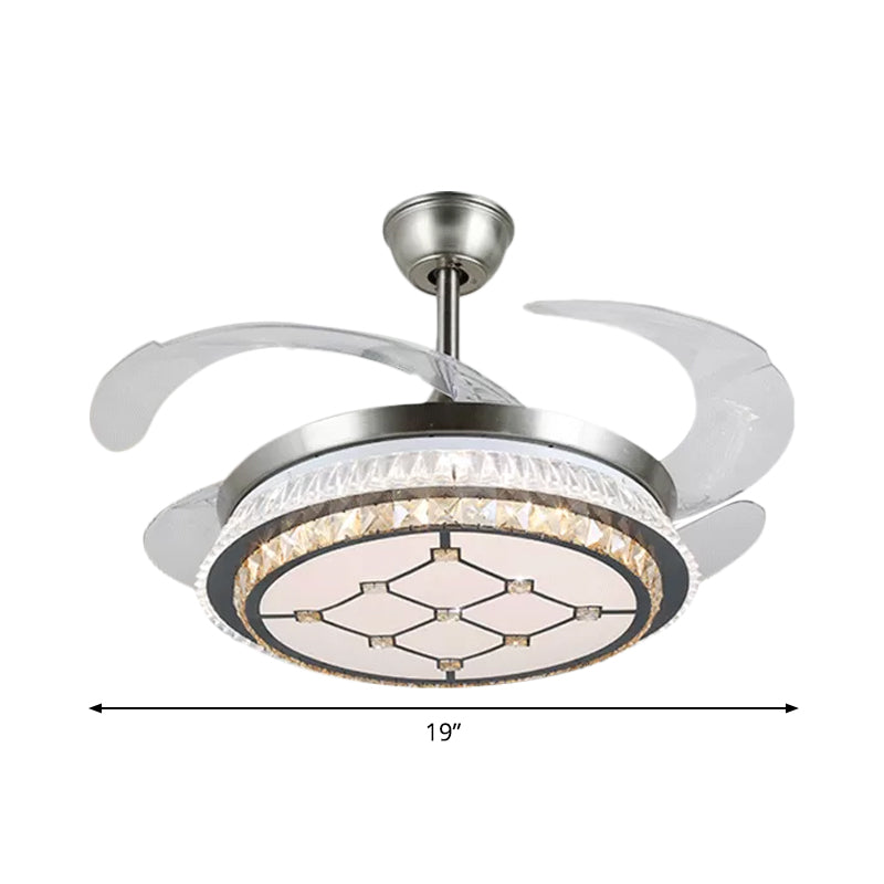 Silver Layered 4 Blades Semi-Flush Mount Modernism LED Crystal Pendant Fan Light Fixture, 19" Wide Clearhalo 'Ceiling Fans with Lights' 'Ceiling Fans' 'Modern Ceiling Fans' 'Modern' Lighting' 1984153