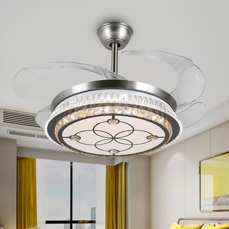 Silver Layered 4 Blades Semi-Flush Mount Modernism LED Crystal Pendant Fan Light Fixture, 19" Wide Silver D Clearhalo 'Ceiling Fans with Lights' 'Ceiling Fans' 'Modern Ceiling Fans' 'Modern' Lighting' 1984154