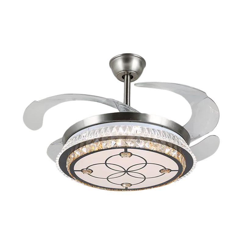Silver Layered 4 Blades Semi-Flush Mount Modernism LED Crystal Pendant Fan Light Fixture, 19" Wide Clearhalo 'Ceiling Fans with Lights' 'Ceiling Fans' 'Modern Ceiling Fans' 'Modern' Lighting' 1984155