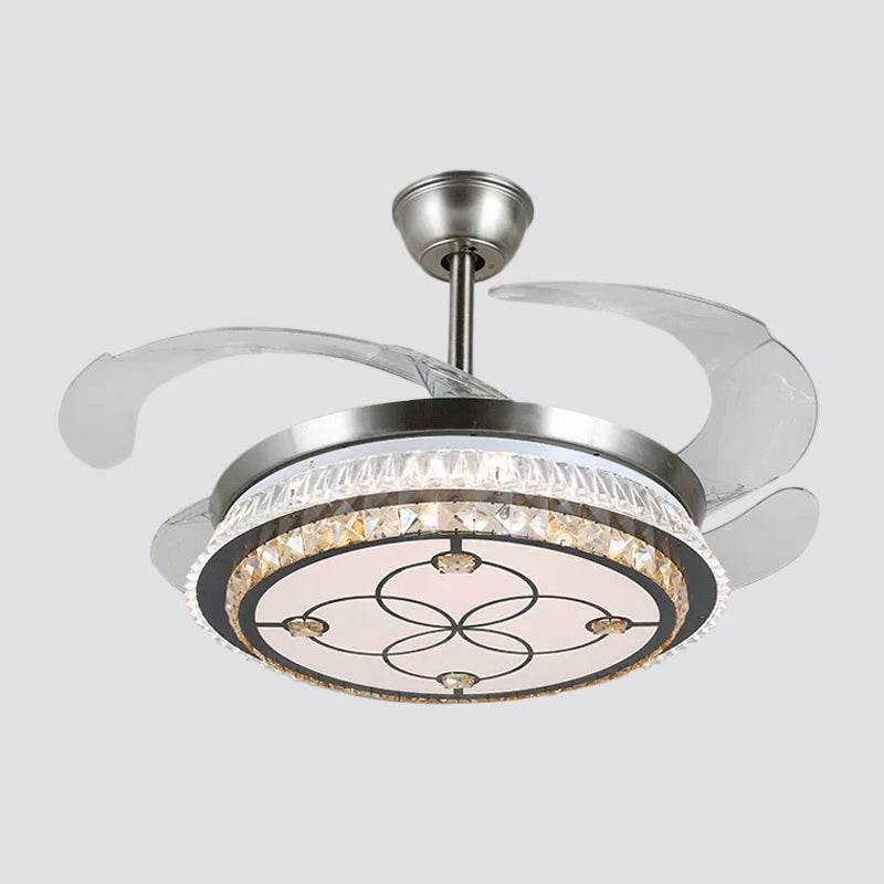 Silver Layered 4 Blades Semi-Flush Mount Modernism LED Crystal Pendant Fan Light Fixture, 19" Wide Clearhalo 'Ceiling Fans with Lights' 'Ceiling Fans' 'Modern Ceiling Fans' 'Modern' Lighting' 1984156