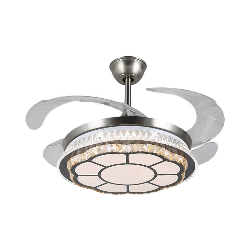 Silver Layered 4 Blades Semi-Flush Mount Modernism LED Crystal Pendant Fan Light Fixture, 19" Wide Silver E Clearhalo 'Ceiling Fans with Lights' 'Ceiling Fans' 'Modern Ceiling Fans' 'Modern' Lighting' 1984158