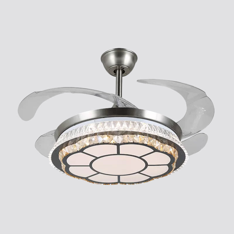 Silver Layered 4 Blades Semi-Flush Mount Modernism LED Crystal Pendant Fan Light Fixture, 19" Wide Clearhalo 'Ceiling Fans with Lights' 'Ceiling Fans' 'Modern Ceiling Fans' 'Modern' Lighting' 1984159