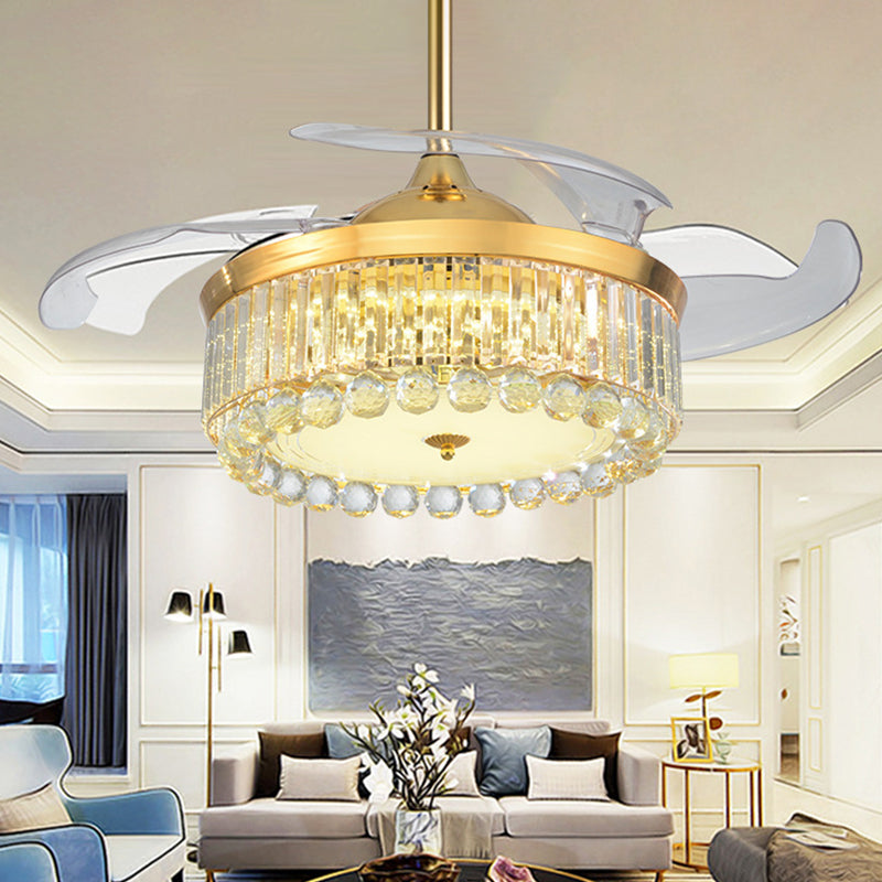 19" Wide Faceted Crystal Drum Ceiling Fan Light Simple LED Gold Semi Mount Lighting with 4 Blades Gold Clearhalo 'Ceiling Fans with Lights' 'Ceiling Fans' 'Modern Ceiling Fans' 'Modern' Lighting' 1984161