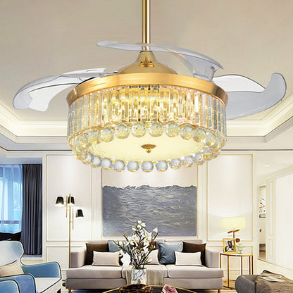 19" Wide Faceted Crystal Drum Ceiling Fan Light Simple LED Gold Semi Mount Lighting with 4 Blades Gold Clearhalo 'Ceiling Fans with Lights' 'Ceiling Fans' 'Modern Ceiling Fans' 'Modern' Lighting' 1984161