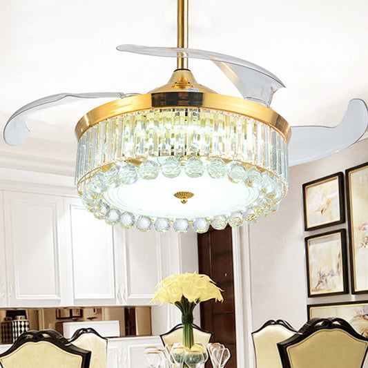 19" Wide Faceted Crystal Drum Ceiling Fan Light Simple LED Gold Semi Mount Lighting with 4 Blades Clearhalo 'Ceiling Fans with Lights' 'Ceiling Fans' 'Modern Ceiling Fans' 'Modern' Lighting' 1984162